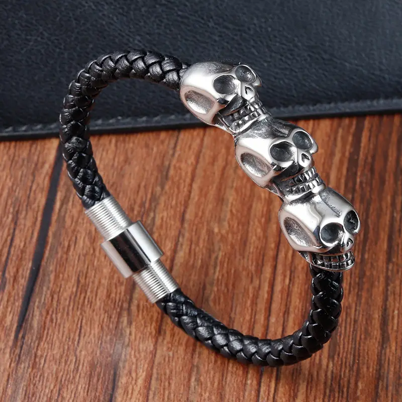 Los más vendidos 2023 para Amazon joyería venta al por mayor de cuero genuino ancla calavera encanto pulsera brazalete para hombres mujeres