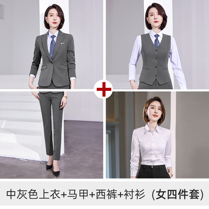 Women's gray suit, white shirt, vest, and trousers