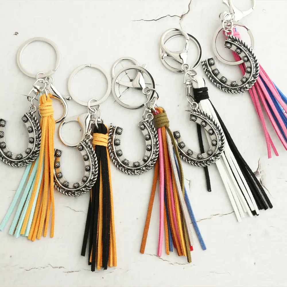 Phương tây cổ điển móng ngựa hợp kim Keychain Bohemian clashing màu da dài tua Mặt dây chuyền trang sức bán buôn