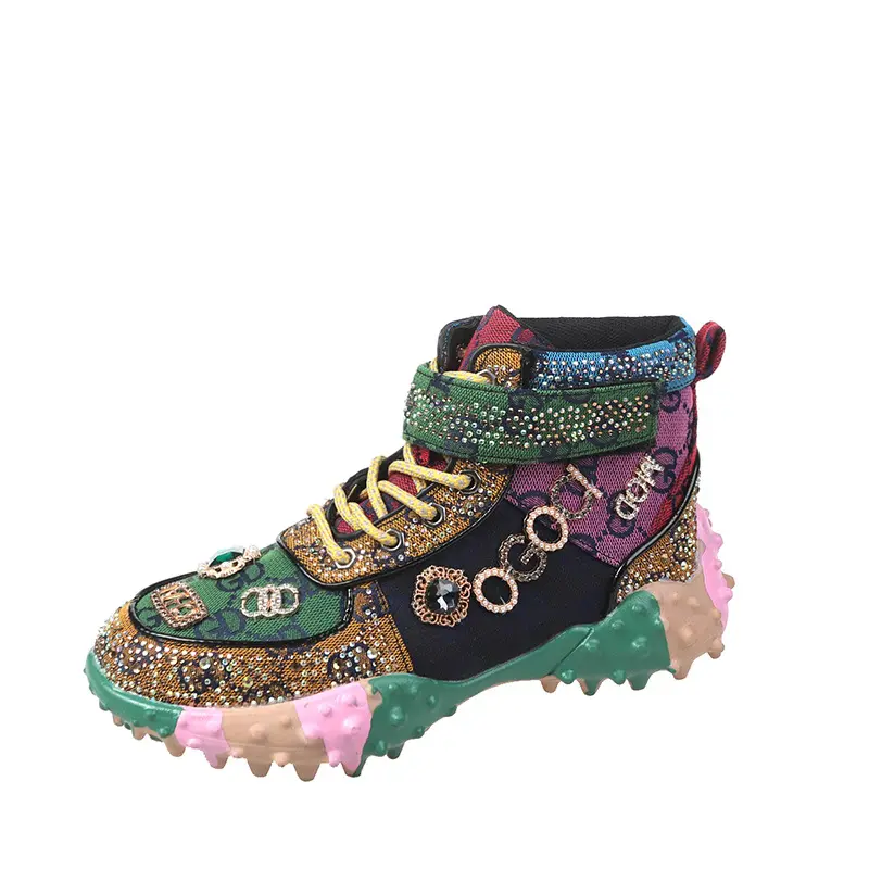 Zapatos informales brillantes con diamantes de imitación para mujer, zapatillas informales con suela gruesa tachonada, color verde, 2022