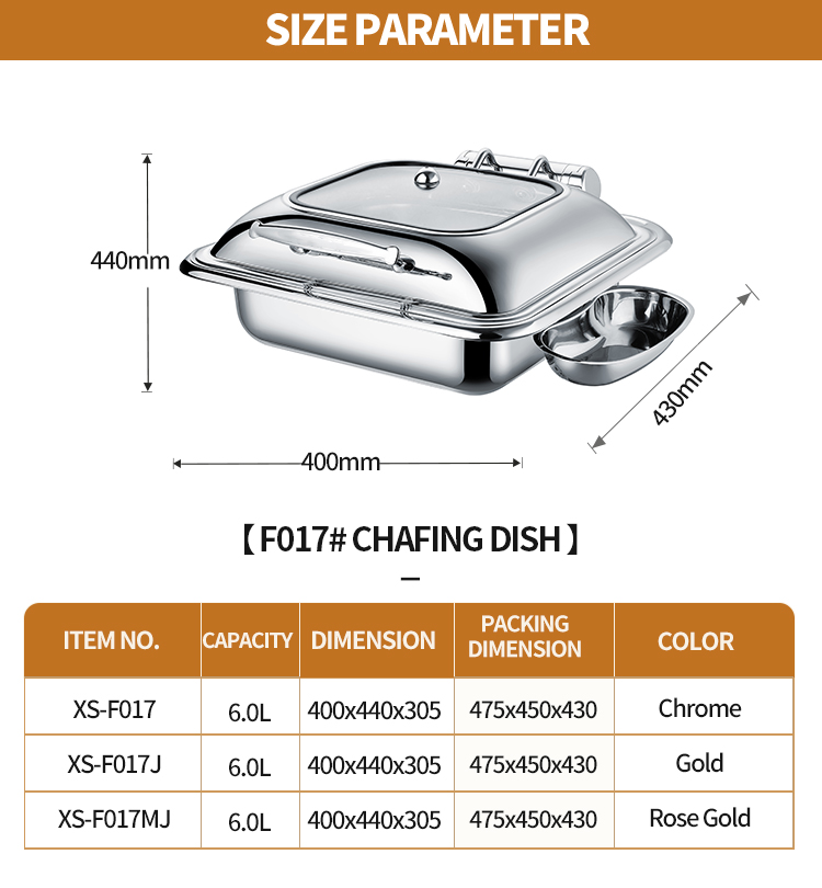 Electric Rectangular Square Heating Eletricnic Electronic Spare Parts F1017-L Eletrinical Hydraulic Chafing Dish