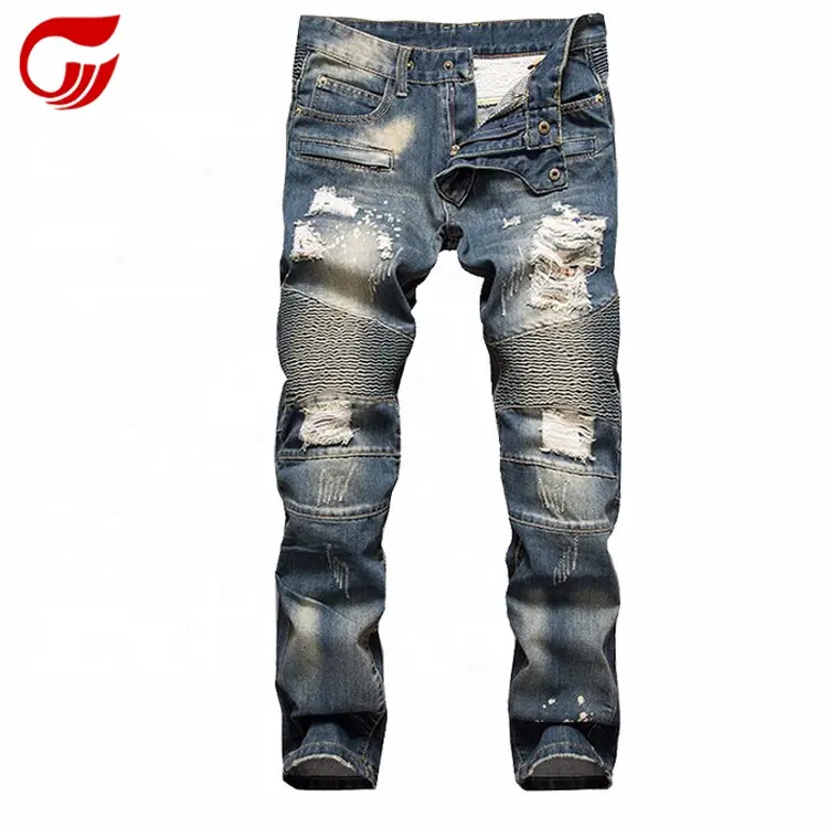 Toptan ripped yıkanmış moto biker özel kalite çok cep kentsel tasarımcı mens denim kot