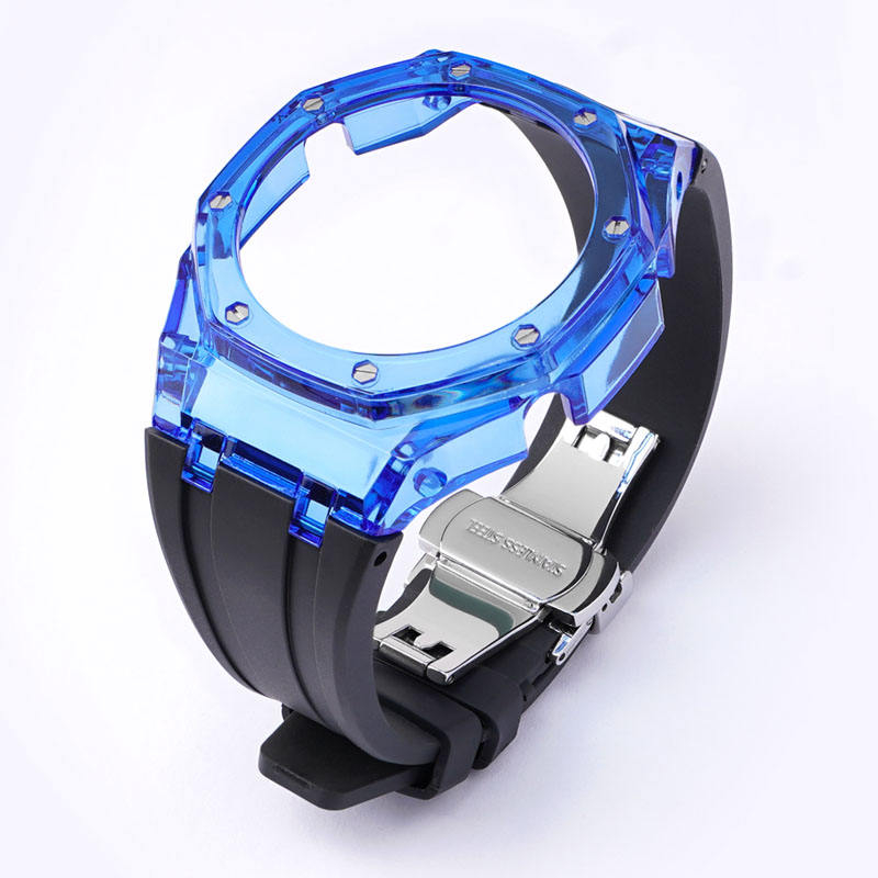 Bracelet noir + Boîtier bleu foncé + Boucle papillon argentée