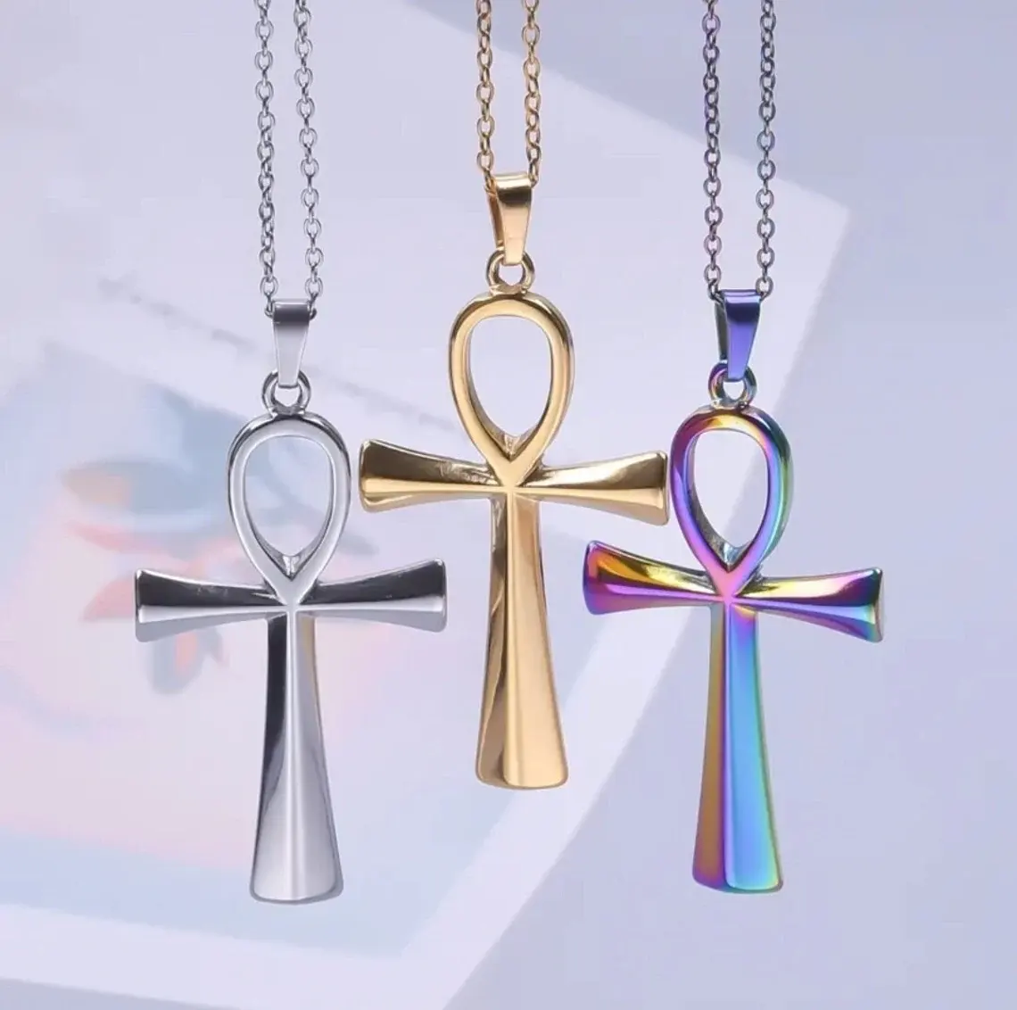 Collier Ankh égyptien en acier inoxydable 316l personnalisé collier pendentif grande croix cadeau de fête des pères unisexe