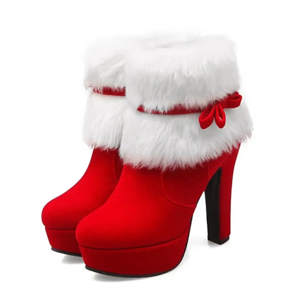 Kadınlar kış sıcak ayakkabı noel bayan noel baba Cosplay ayakkabı kırmızı yarım çizmeler yüksek topuklu kısa çizmeler