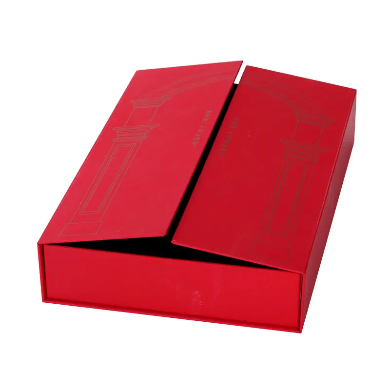 Caja de forma de libro con tapa abierta en ambos lados, logo bronce rojo mate personalizado