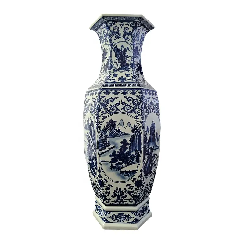 Vaso di fiori in ceramica vintage cinese all'ingrosso grandi oggetti decorativi per vasi da pavimento in porcellana blu e bianca