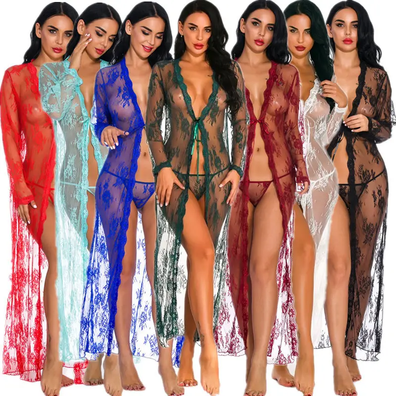 Gros adolescentes Sexy Lingeries femmes grande taille dentelle maille Sexy Transparent pyjamas Chemise Lingerie Kimono longs pyjamas