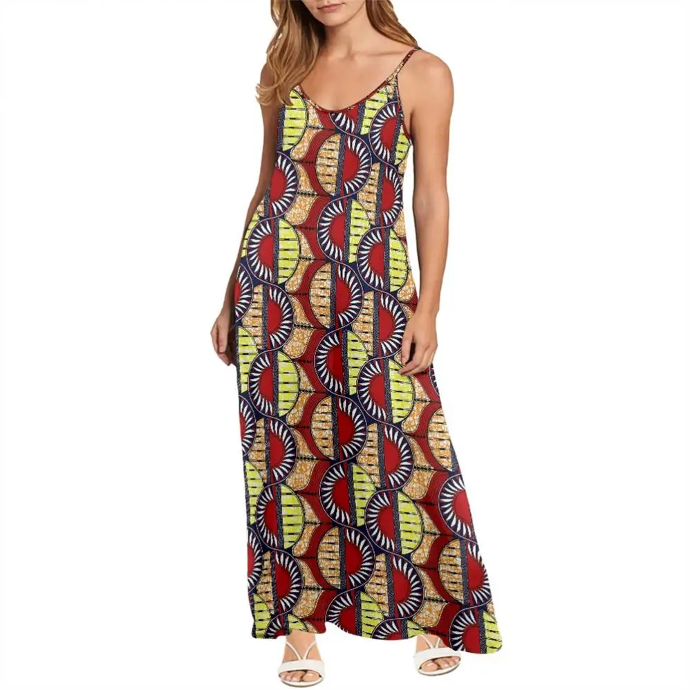 Abiti Muumuu africano tribale tessuto multicolore Ankara stampa personalizzata Slip da notte abito in Chiffon Maxi abito con spalline sottili