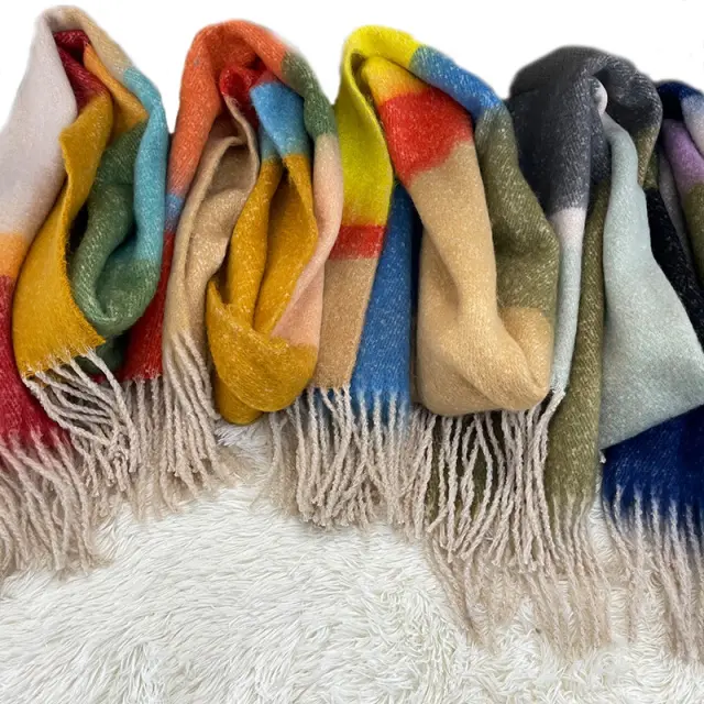 Đầy Màu sắc kẻ sọc nhân tạo Cashmere khăn mềm sang trọng mùa đông ấm áp dày lớn tua chiếc khăn Pashmina