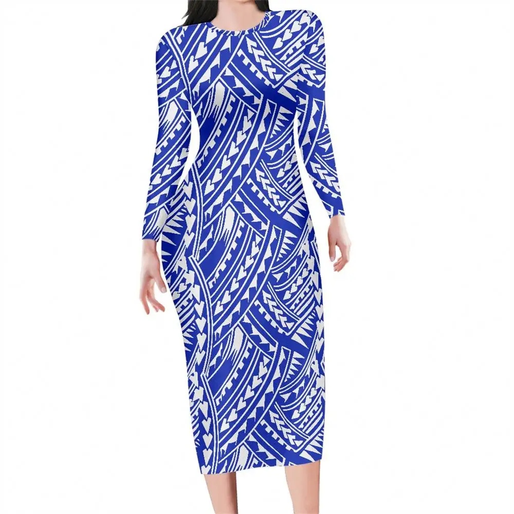 Vestido informal vestidos de noche para mujer largo polinesio Tribal tradicional patrón azul estampado diseñador personalizado Ropa de baile exótico