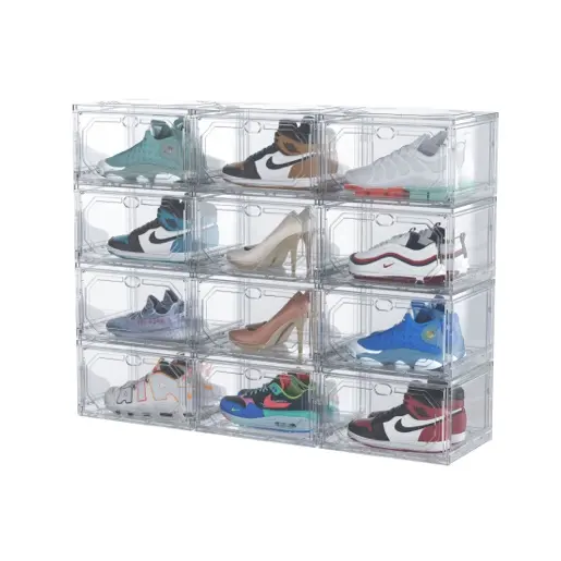 Atacado Transparente Plástico Sneaker Empilhável Sapato Caixas De Armazenamento Drop Front Acrílico Gaveta Tipo Magnético Limpar Shoe Box