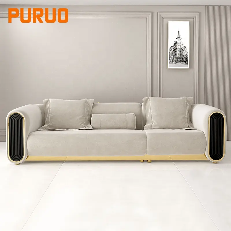 Punuo Đồ Nội Thất Bán Buôn Cho Nhà Sản Xuất Bộ Sofa Vải Nhung Màu Trắng Gạo Phòng Khách