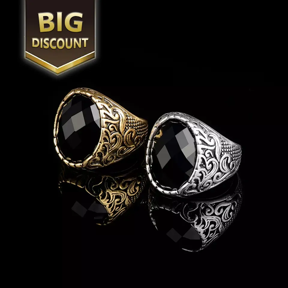Anillos แหวนแกะสลักหินเรซิ่นทรงรีสีดำขนาดใหญ่,แหวนสไตล์วินเทจทรงโกธิคสำหรับผู้ชาย