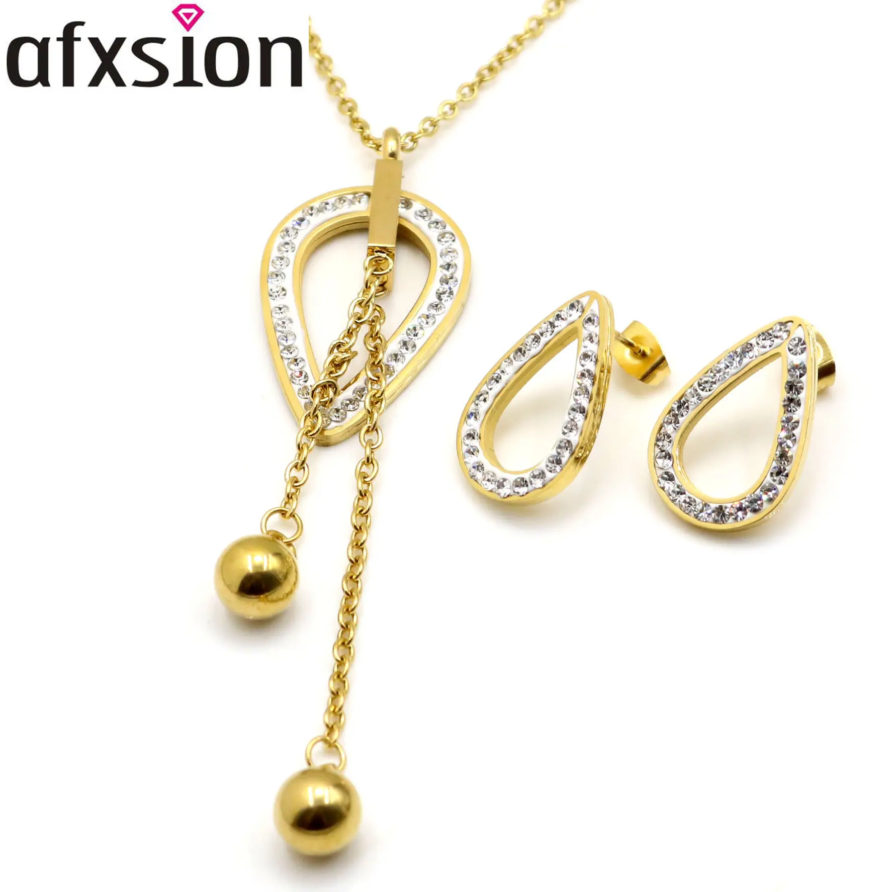 AFXSION Africano a buon mercato Insieme Dei Monili 18K Oro Collana di diamanti Orecchini gioielli in acciaio inox set