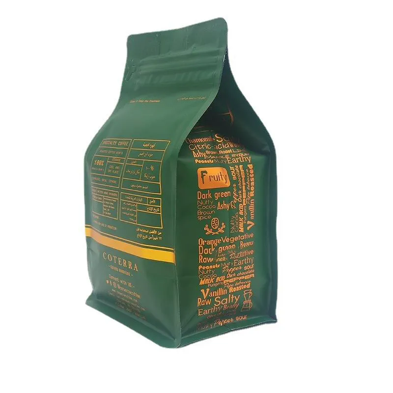 250g 500g 1kg 12 Oz Impreso personalizado Bio Pla Biodegradable Bolsas de café negras con cremallera de válvula Fuelle de fondo plano Bolsa de granos de café