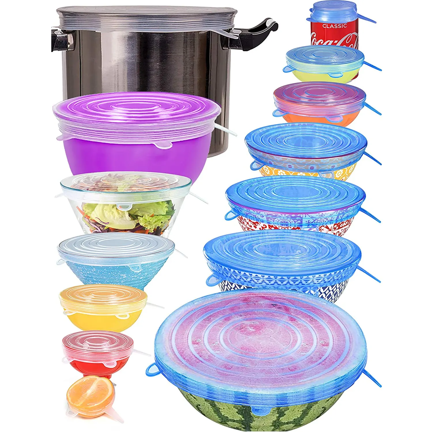 14 pcs Stretchy Food Lids, Reusable Silicone Stretch Lids for Food/Bowls/Containers/Jars,Microwave & Dishwasher Safe