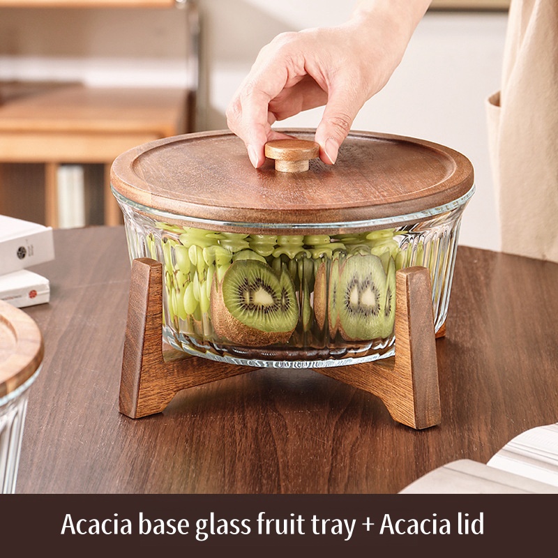 Bassin à fruits en verre avec base en acacia + couvercle en acacia