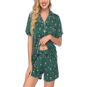 时尚定制女式可爱图案编织印花柔软纯棉睡衣印花短款套装 - Product Image 1
