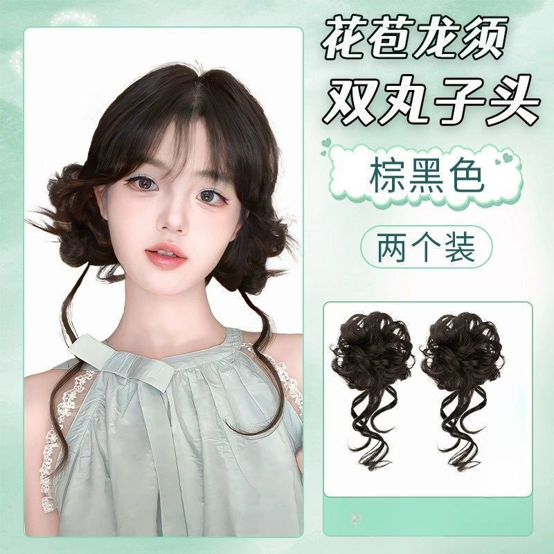 ยางรัดผมพู่ยาวลายดอกไม้ - สีน้ำตาล-ดำ - ชุดสองชิ้น