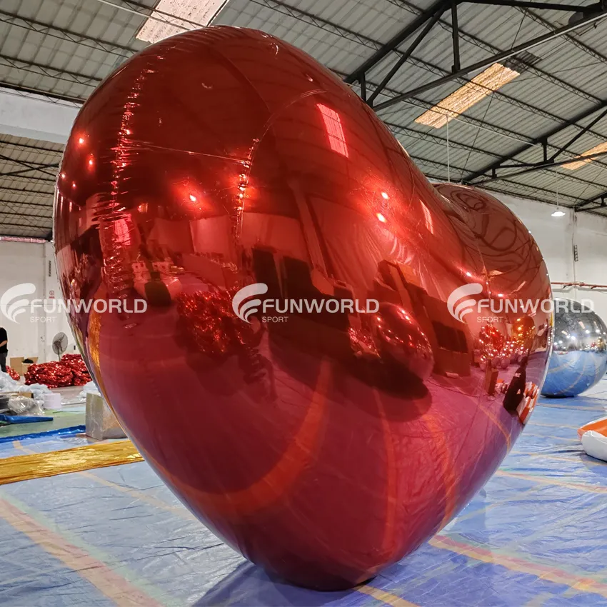 כדורי מראה אדומים גדולים מותאם אישית דקור בלונים בצורת לב כדור מראה מתנפח
