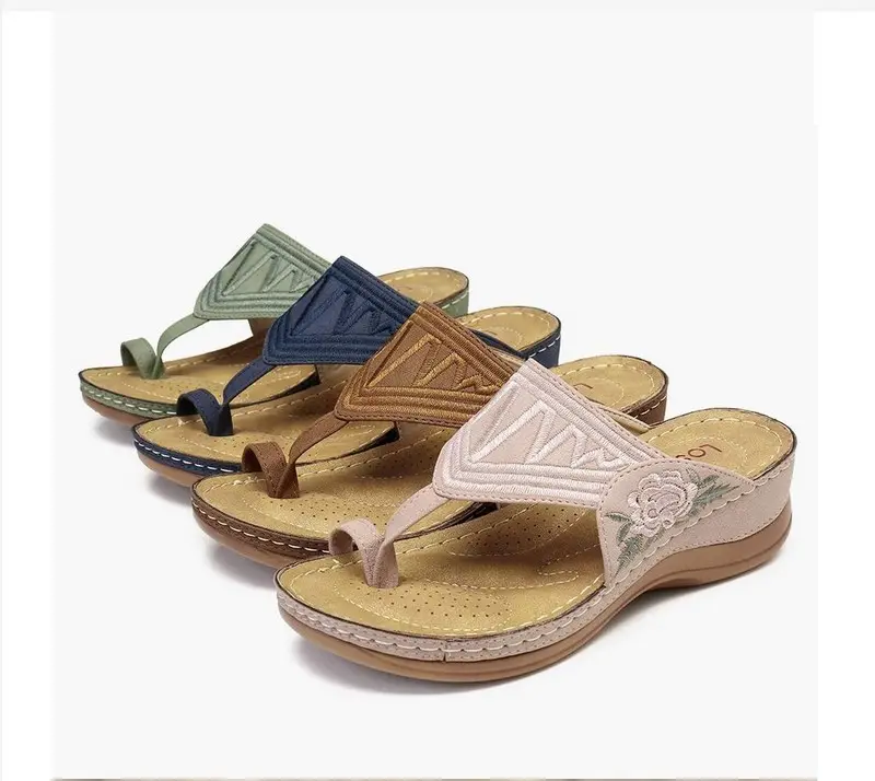 Summer new plus size women's shoes embroidered set-toe outer wear wedge heel women's sandals and slippers