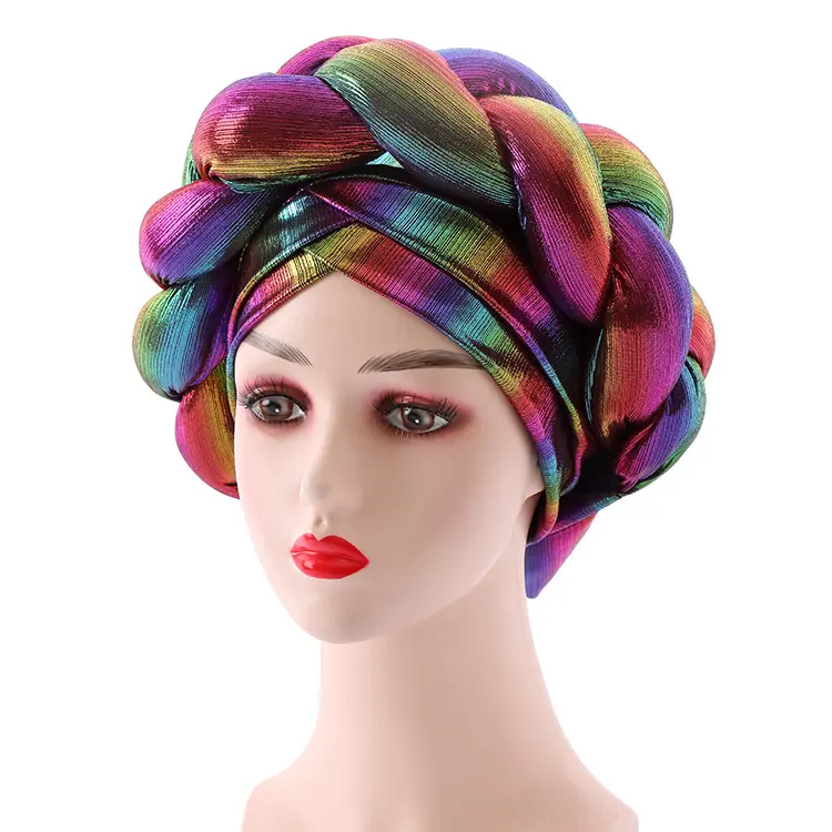 Turbante brillante para mujer africana, gorro con nudo para la cabeza, cubierta trenzada para el pelo, gorro preatado, 8 colores, listo para enviar