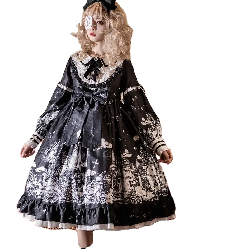 Atacado luxo kawaii bonito preto branco anime goth lolita vestido para meninas adolescentes