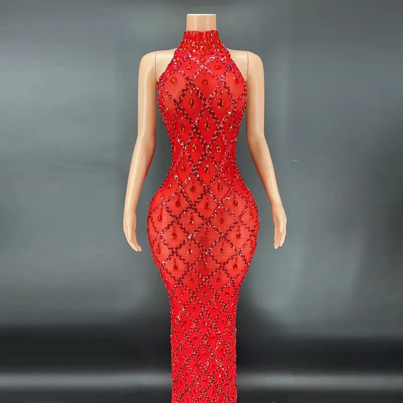 Sexy funkelndes Strass silbernes Kleid Übergröße Damen Abendkleid Halter Hals Meerjungfrau Maxi-Kleid ärmellos