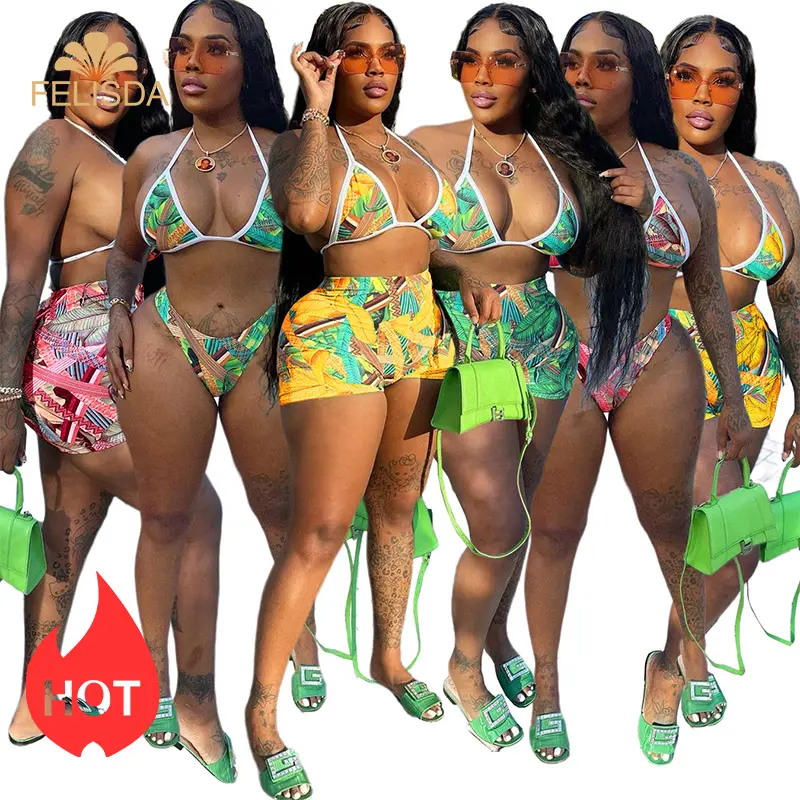 Conjunto de Bikini de 3 piezas para mujer, traje de baño Sexy con estampado de Tanga, bañador para mujer, ropa de playa para verano