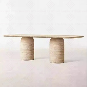 Bắc Âu thiết kế mới đá tự nhiên đồ nội thất màu be travertine Bàn Ăn Tròn chân travertine bảng hình bầu dục để bán - Product Image 1