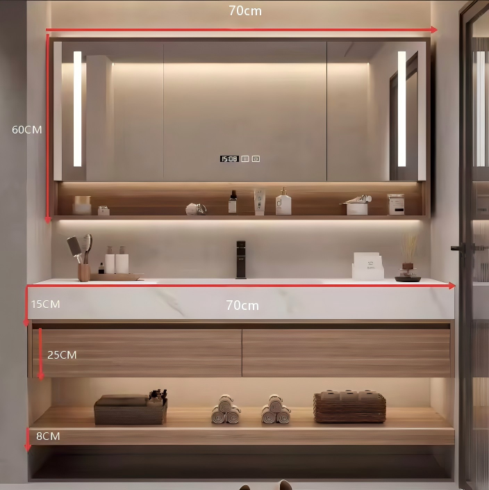 Armoire de toilette intelligente de 70 cm avec vasque en céramique à plaque de roche