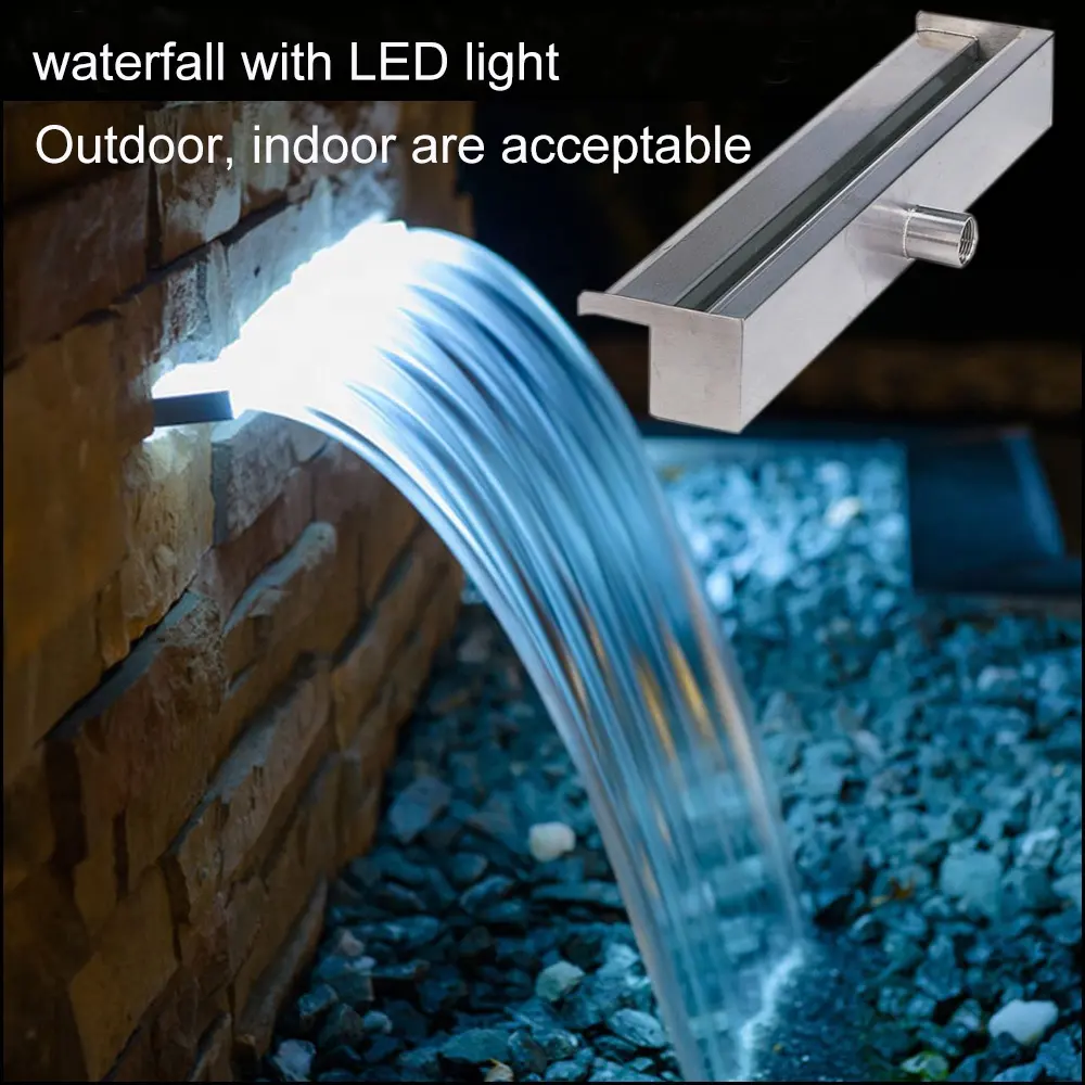 Cascadas al aire libre Característica de agua Fuente de cortina de pared montada en agua de vidrio con luz LED
