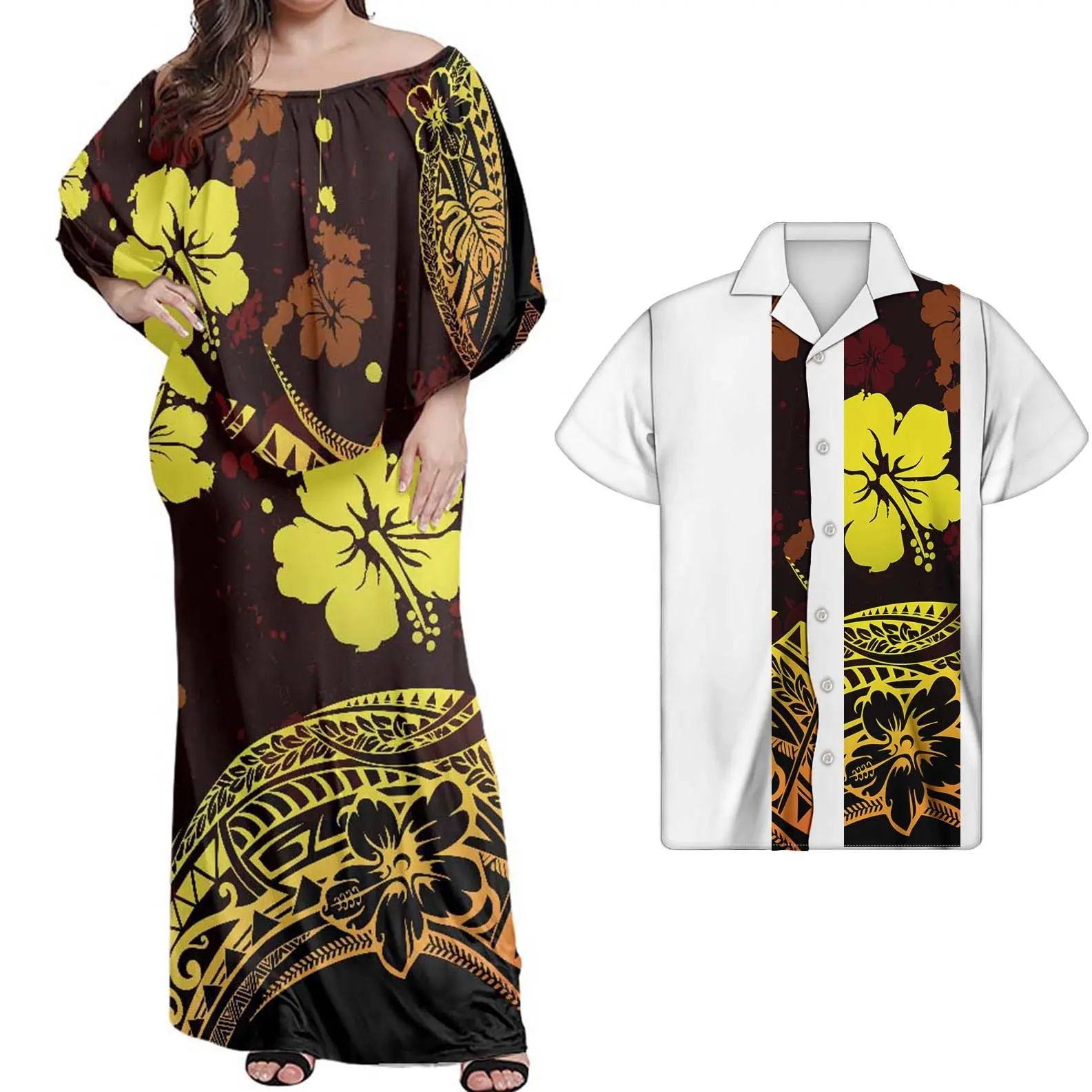 OEMホット販売カップル服レディースイブニングドレスマッチメンズシャツプリントポリネシアパターンプリントホワイトドレスエレガントな女性