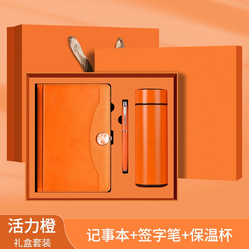 A5-naranja vibrante-juego de regalo de taza termo-bolígrafo de metal-taza termo-gif