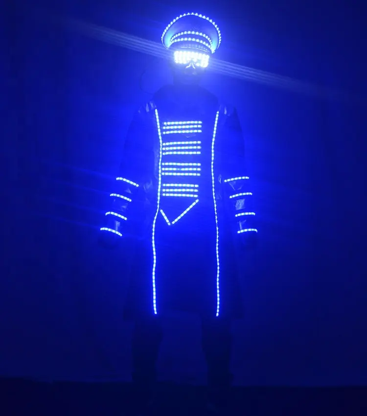 Setelan Robot LED Pakaian Cahaya Biru Seragam Militer Club Malam Bar Baju Anggur Topi Militer KTV Pertunjukkan Teknologi Masa Depan