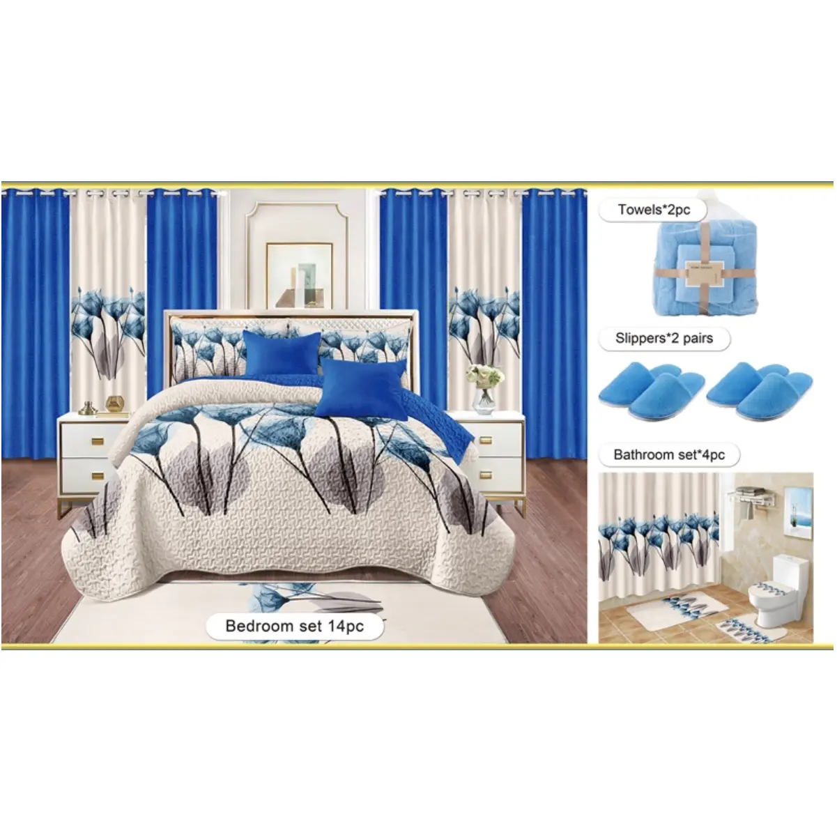 American Style Blue Tulip Plant Flower Printed Luxury King 22PCS Polyester Curtain bedding Set
