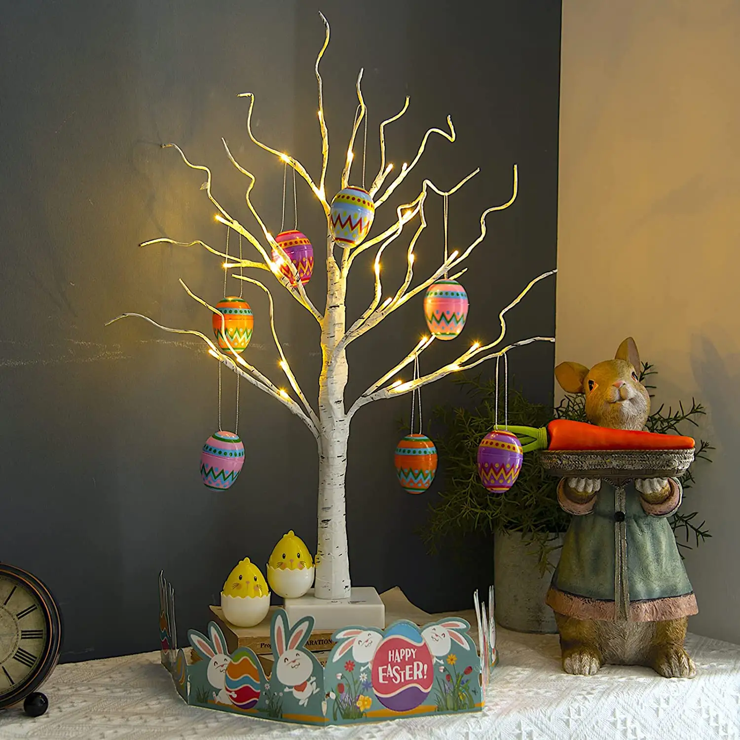 Easter Decor Easter Egg Floral Tree Lights with Timer 2FT Easter Table Centerpiece Decoration LED Birch Tree With Light