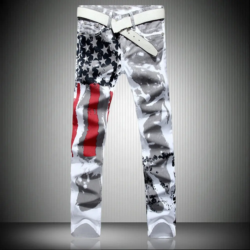 Pantaloni larghi Casual da uomo elasticizzati con stampa bandiera americana bianca