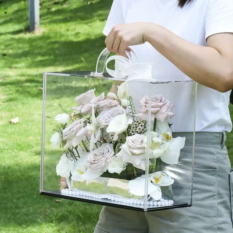 Venta al por mayor de acrílico transparente ramo de flores regalo Cluth bolsas de compras cajas de almacenamiento organizador caja de exhibición de acrílico