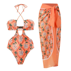 Whosale Swim Wear <strong>Sarong</strong> Summer 2023 New Product Print One Piece Swimwear With Skirt Cover up - Product Image 1