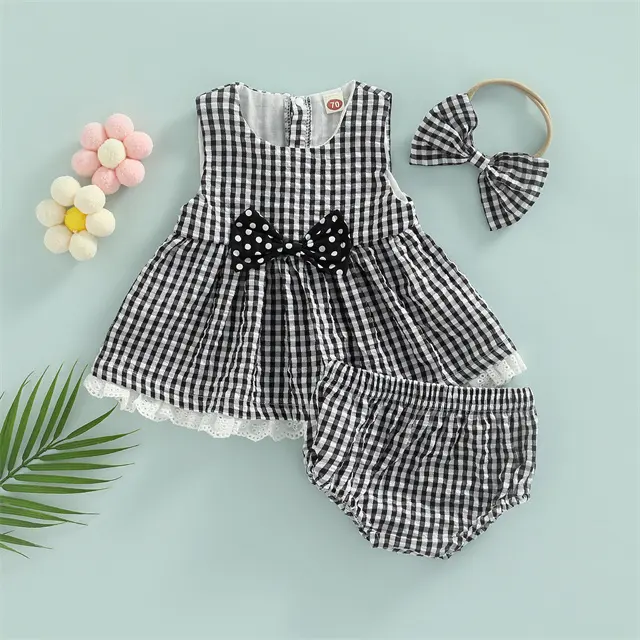 1 pz Private Label RTS estate neonato vestiti del bambino Plaid Top Bloomer cotone neonate vestito con fascia