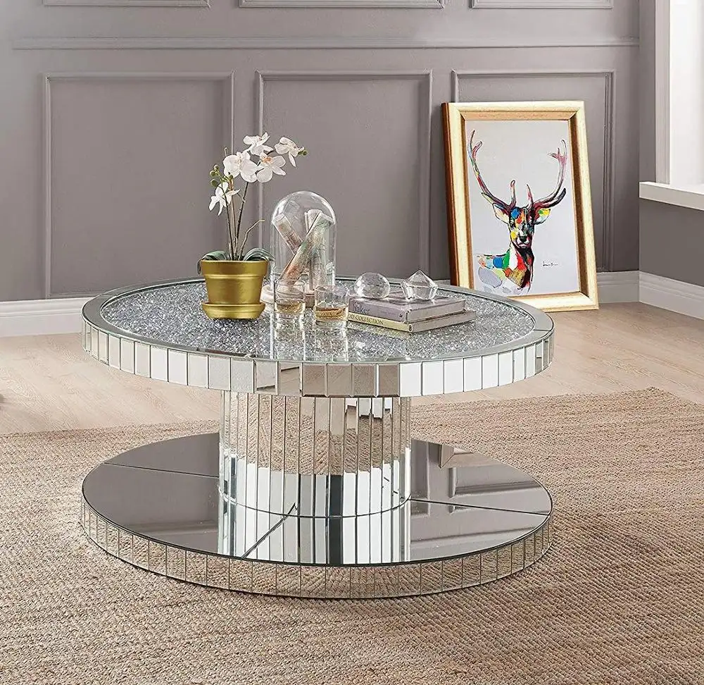 リビングルーム用シャイニングラグジュアリーミラー家具ラウンドフローティングクラッシュダイヤモンドコーヒーテーブル