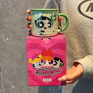 MM Powerpuff女孩卡通针脚陶瓷大肚杯礼品盒包装陶瓷杯带勺子商务促销礼品