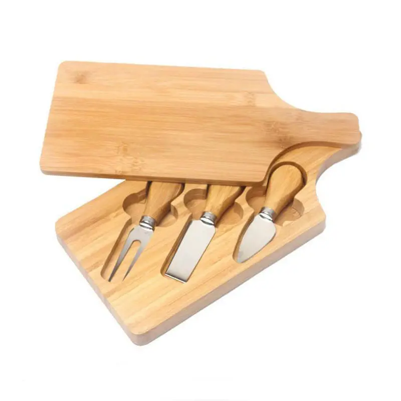 Venta al por mayor tabla de queso de bambú y juego de cuchillos de bajo precio elegante tabla de queso de madera portátil
