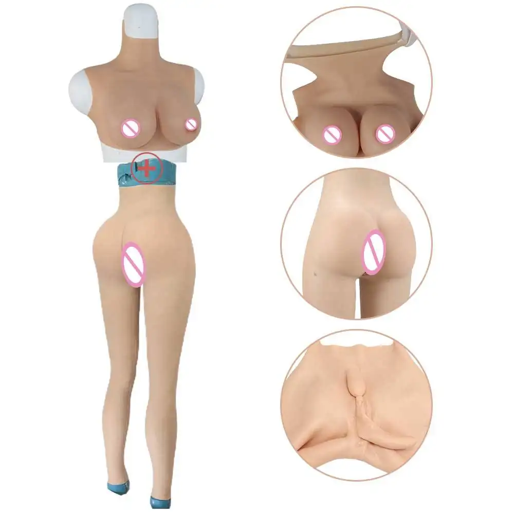 Traje de crossdresser de silicone artificial para mulheres, calcinha com almofadas de bunda e gola alta, bico falso para transexuais