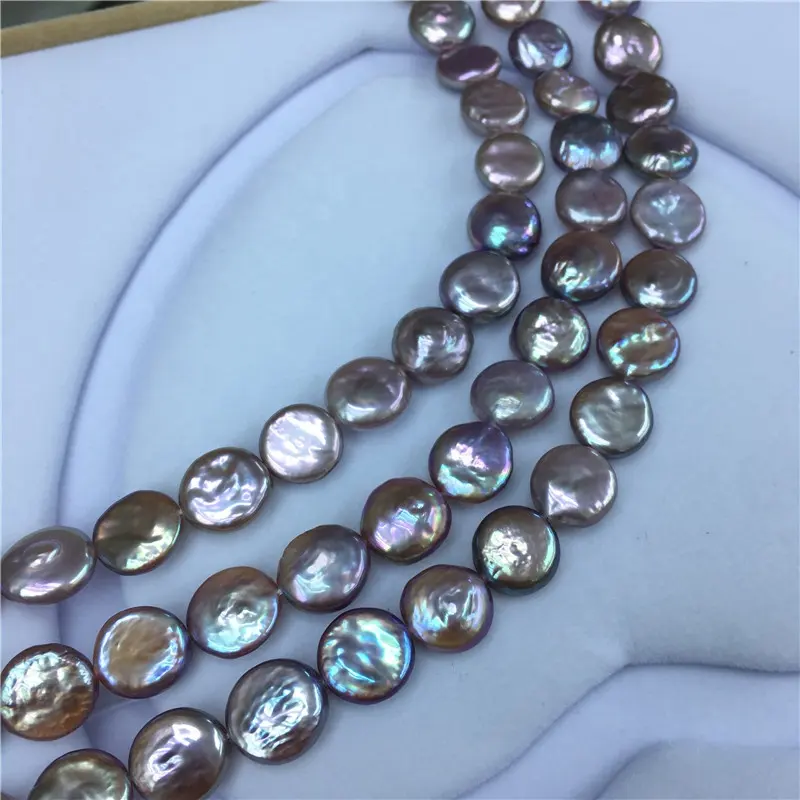 12-13 de gran tamaño grande de agua dulce genuina Real cultivada forma de moneda de perlas naturales perlas cadena suelta perlas de agua dulce de hilos