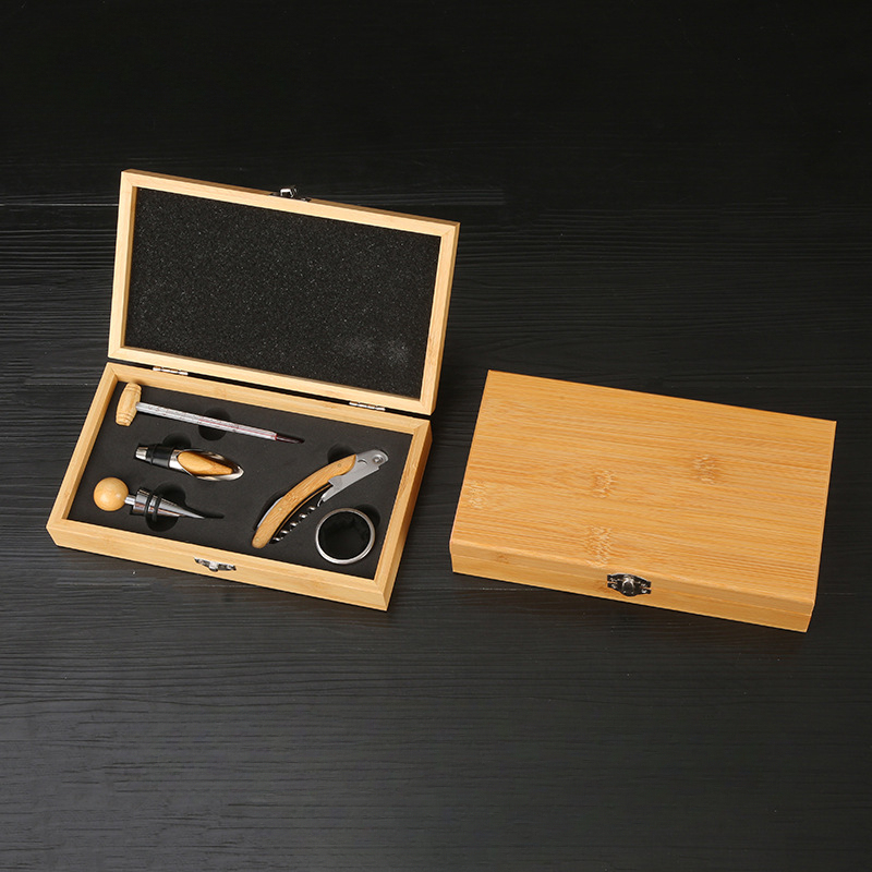 Coffret rectangulaire en bambou avec bouchon de vin en bois et bambou, ensemble de 5 pièces