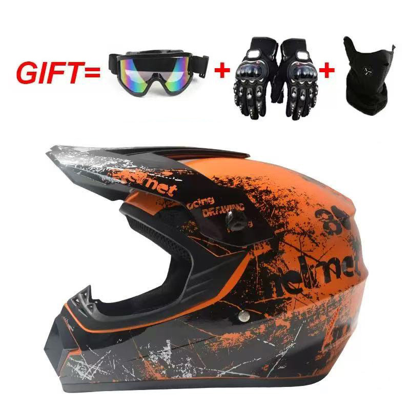 Gafas, máscara y guantes con diseño floral naranja brillante.