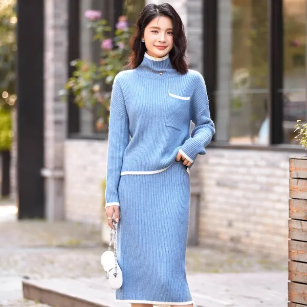 Costume pour dames Pull en tricot bleu à manches longues et demi-jupe Pull en tricot